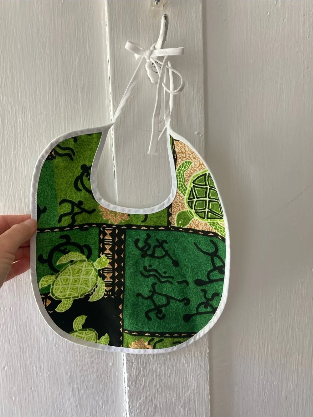 Green Turtle Print Baby Bib with Tie Closure